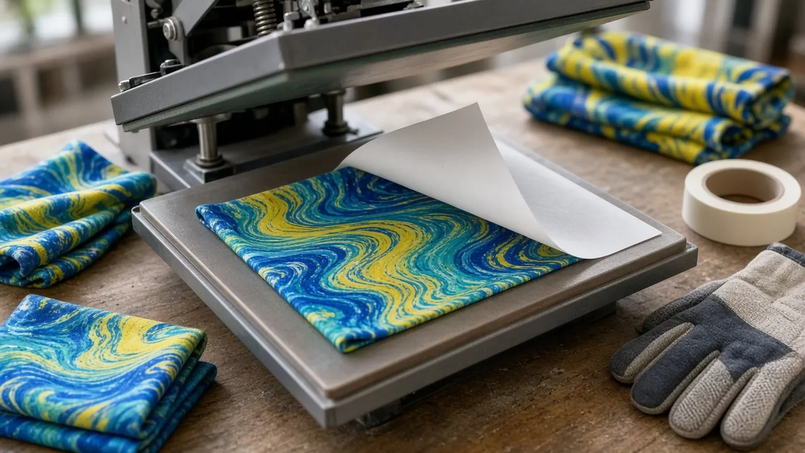 Isı presi üzerinde transfer kâğıdı kaldırılan, mavi-sarı desenli sublimasyon baskılı dikişsiz mikrofiber buff ve üretim masasındaki diğer buffler